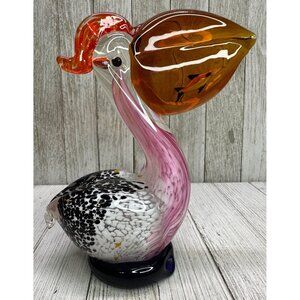 Vtg Hand Blown Art Glass Pelican Bird w/ Fish Figurine Paper Weight 6.5" Tall